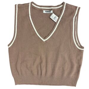 RSQ Women Brown V-Neck Varsity Knit Fitted Sweater Vest, White Stripe XXL NWT